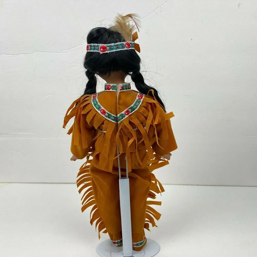 Native American Porcelain Girl Doll Fringe Pants & Top Embroidery Trim 14